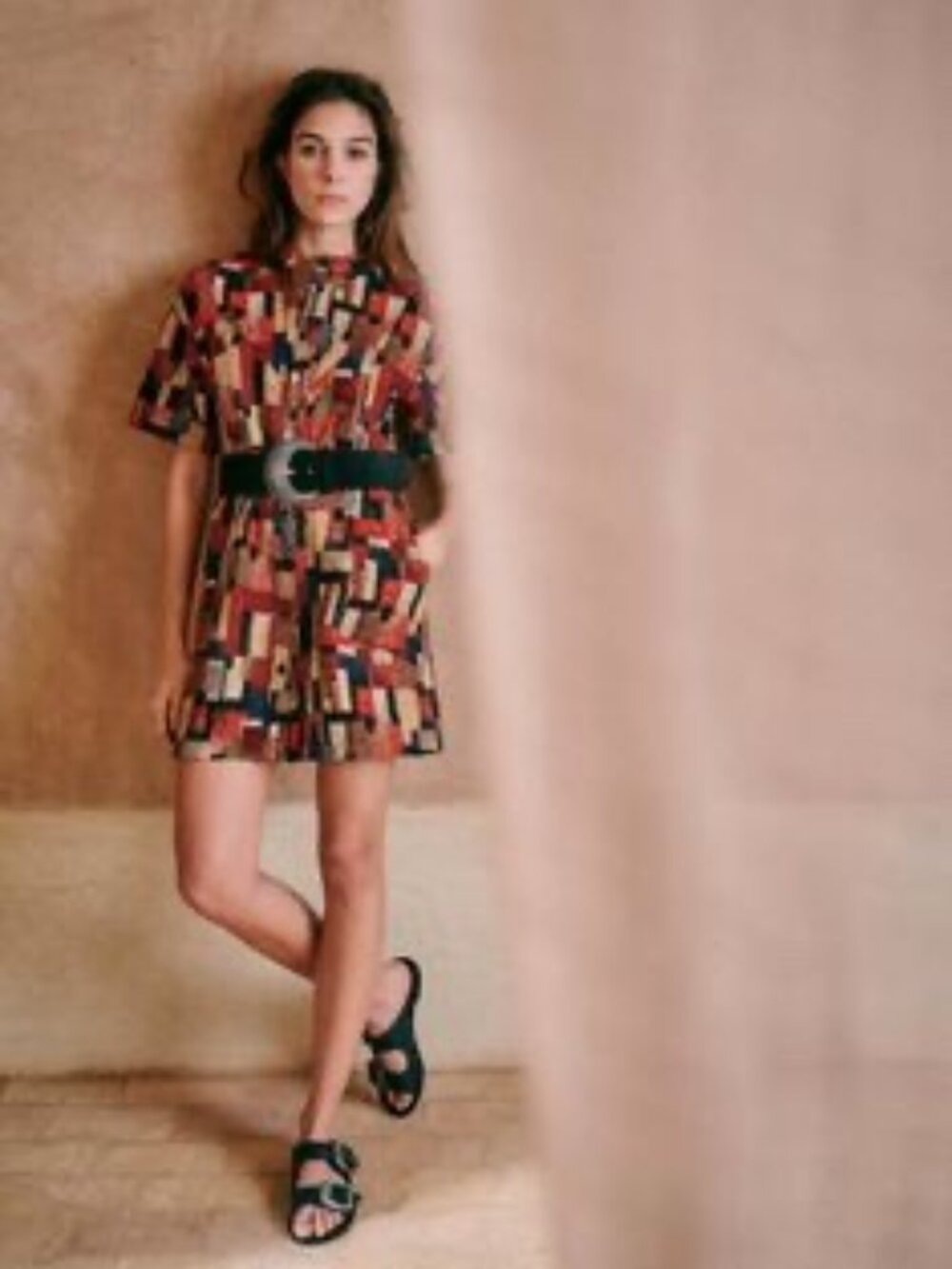 Sezane Patchwork Geometric Print Shirt Dress Red Black Tan 34